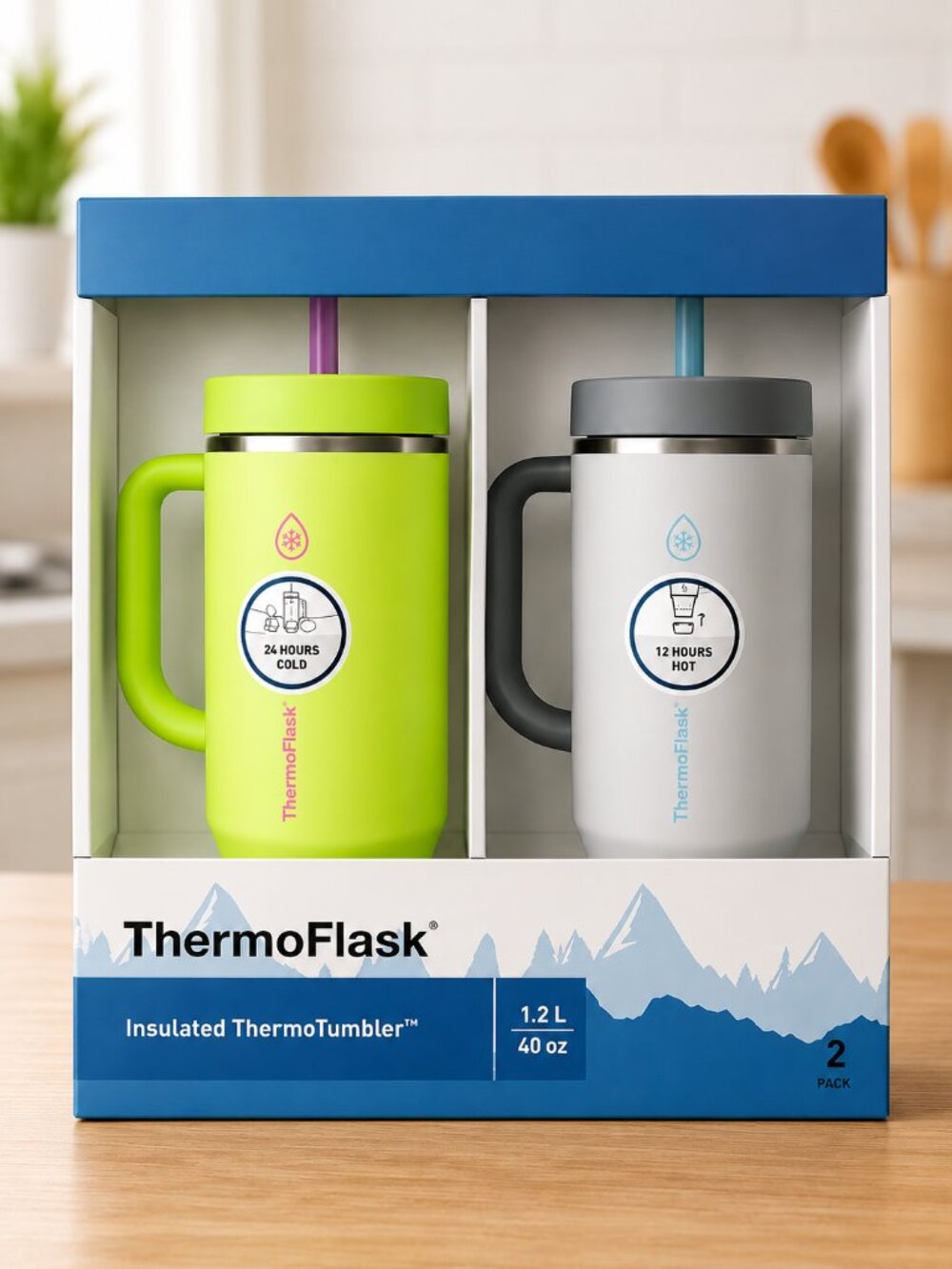 ThermoFlask 40 oz Insulated Tumbler Set 2-Pack with Handles & Straws